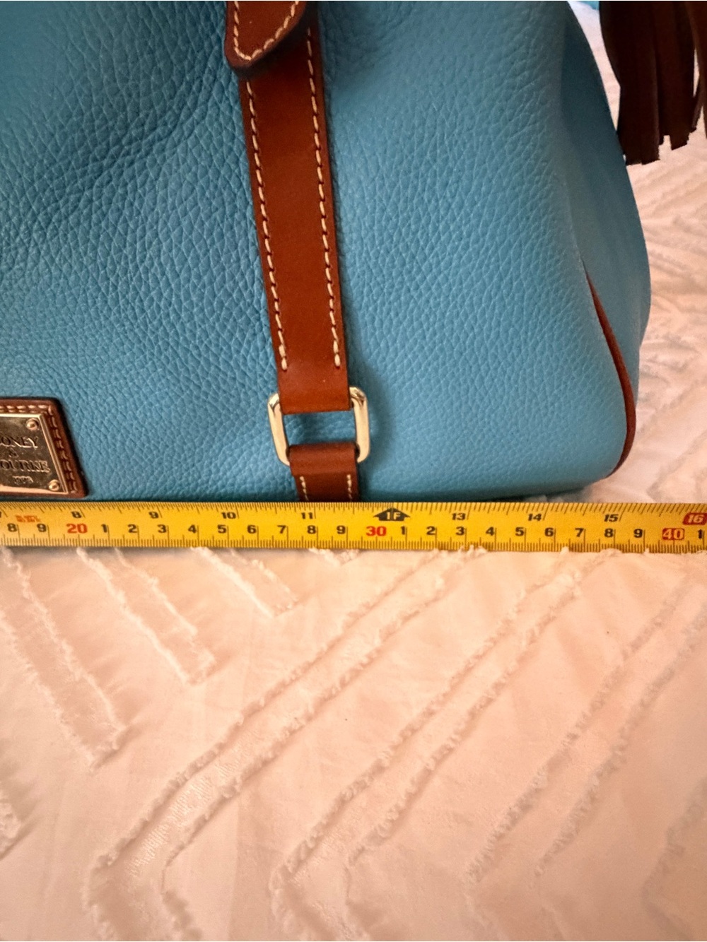Dooney & Bourke Pebble Leather Large Satchel Sky Blue Brown Tassel Shoulder Bag - Picture 5 of 15